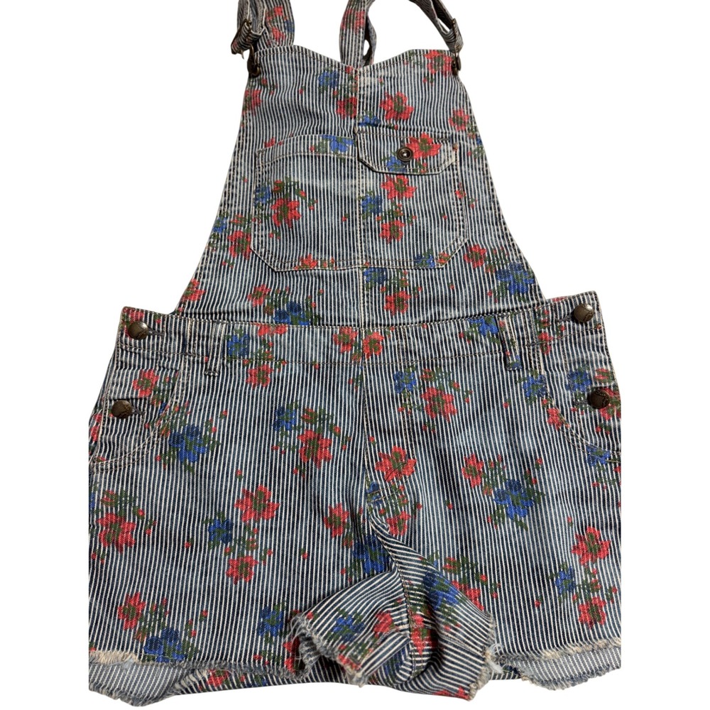 Free People Floral Hickory Stripe Denim Shortalls Blue White Pinstripe Size 8 - Picture 2 of 4